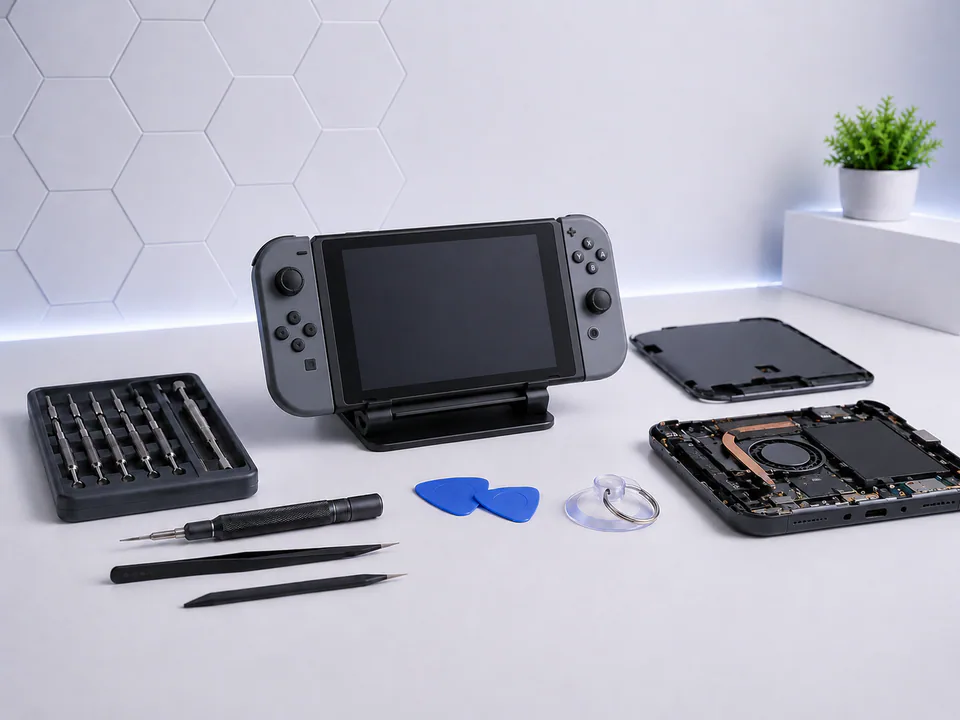 Console repair tools, controllers, and a game system on a workbench.
