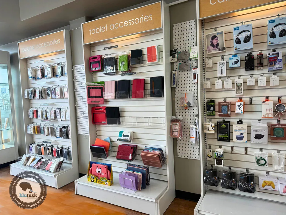 The wall of accessories inside Blutusk.