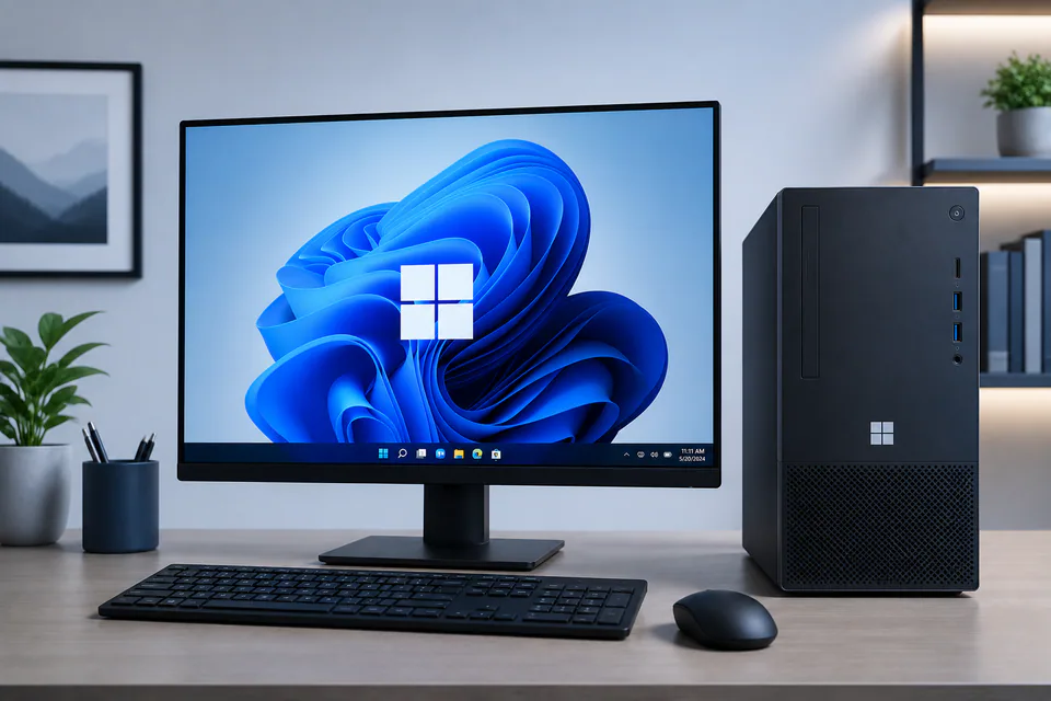 A desktop tower, monitor, keyboard, and mouse in a modern workspace.