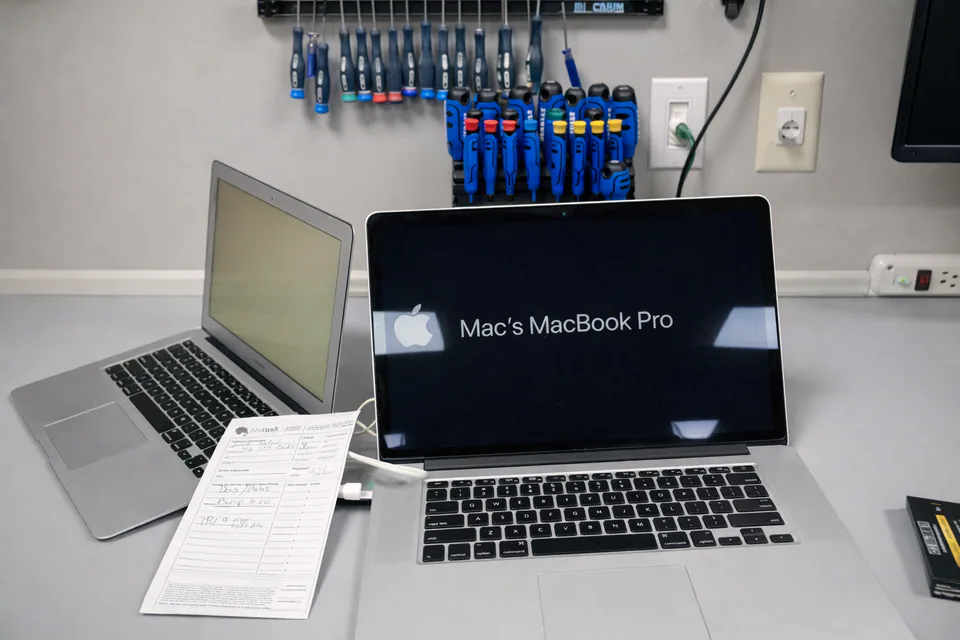 A MacBook repair station with tools and devices on the bench inside Blutusk.