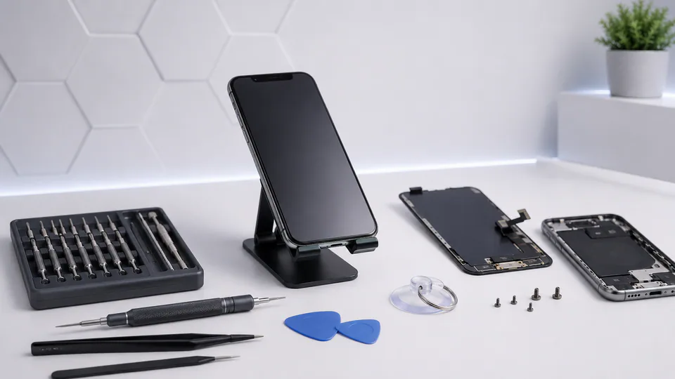 An opened phone with repair tools on a clean workbench.