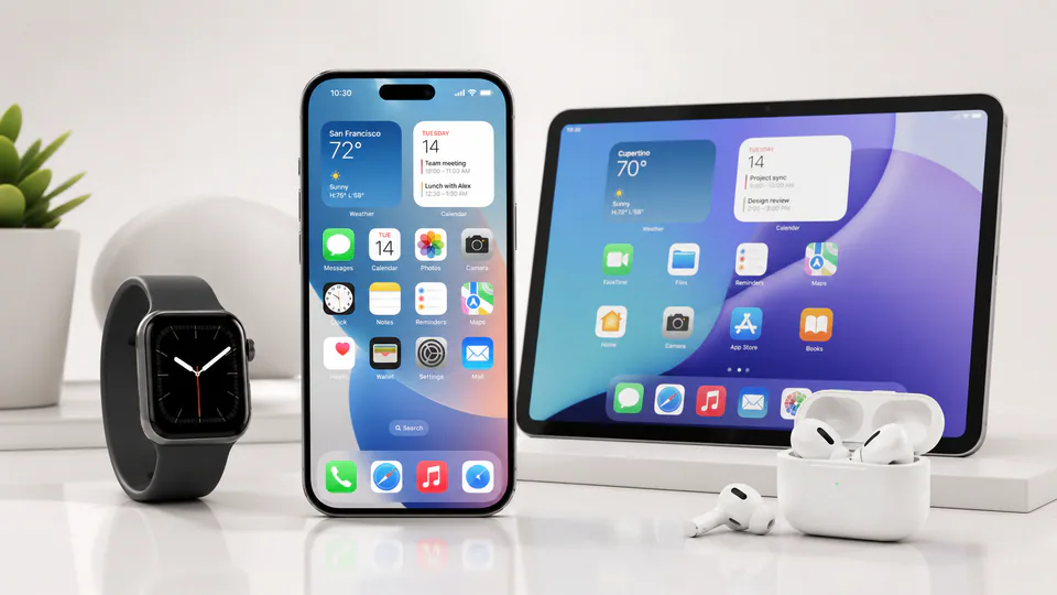 Phones, tablets, computers, and accessories displayed together.