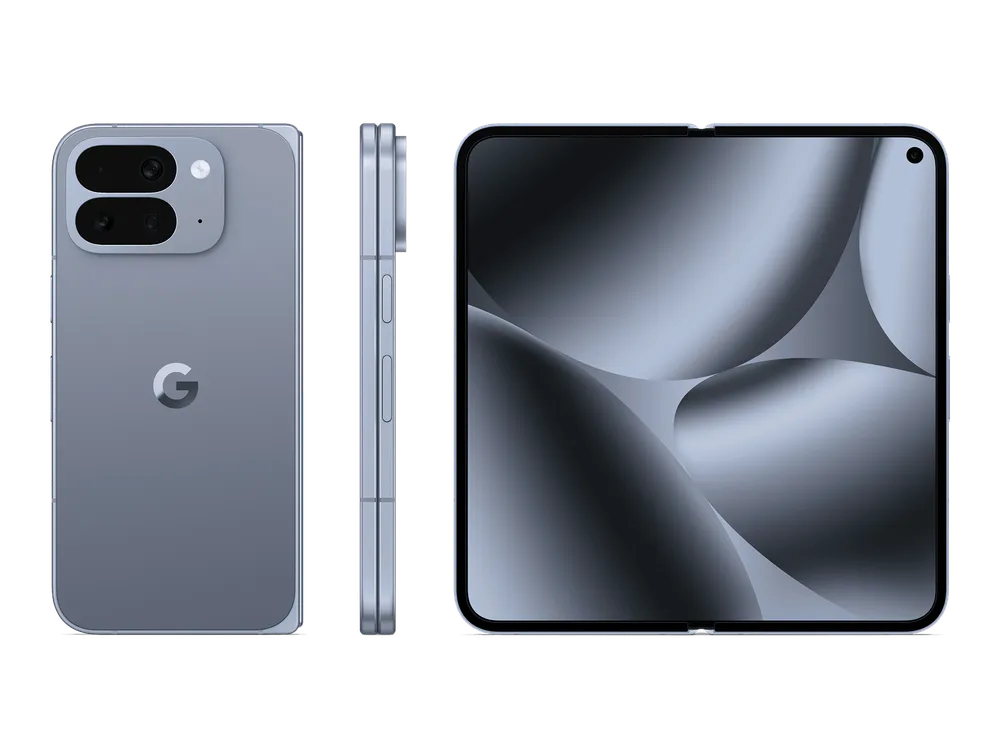 Three Pixel 10 Pro Folds, showcasing the phone's back, side, and unfolded big screen