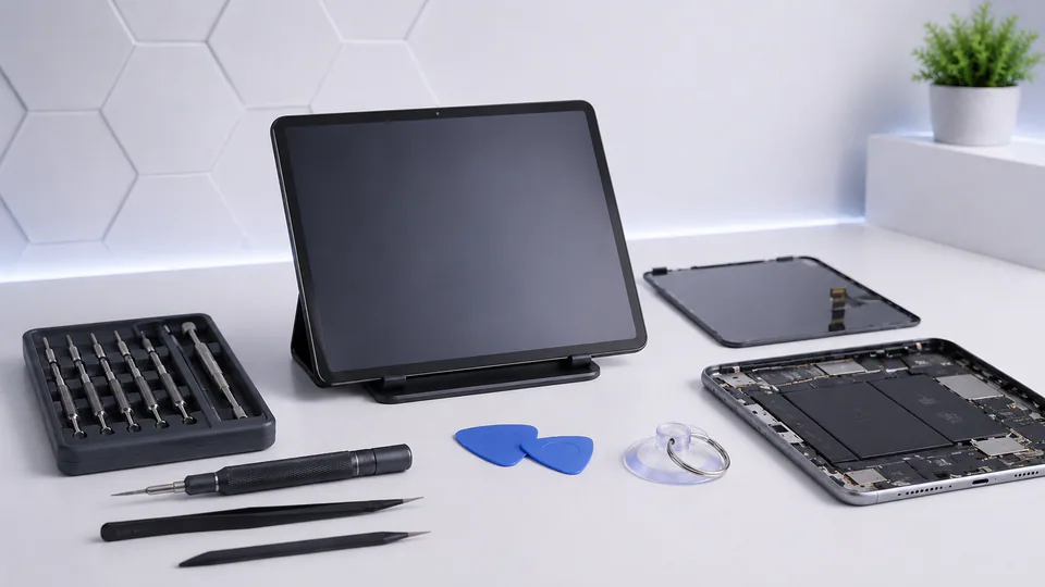 Tablet repair tools and an opened tablet arranged on a clean work surface.