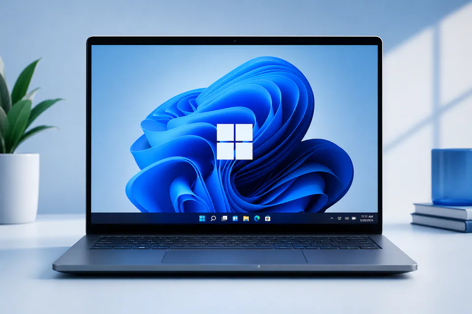 A laptop shown in a clean portable workstation setup.