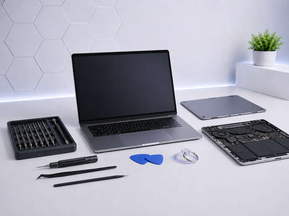 Computer repair tools with a laptop and desktop components.