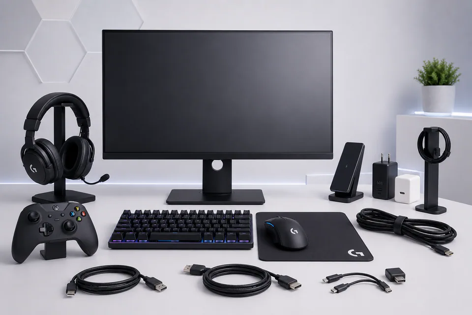 A monitor, headset, controller, keyboard, mouse, and desk accessories.