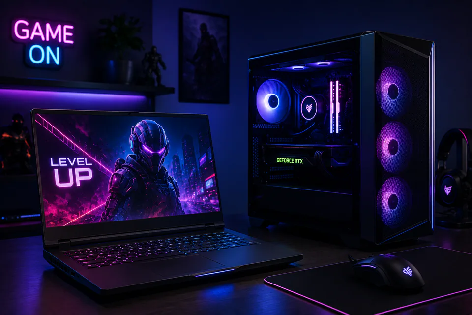 A gaming PC, laptop, and colorful gaming setup.