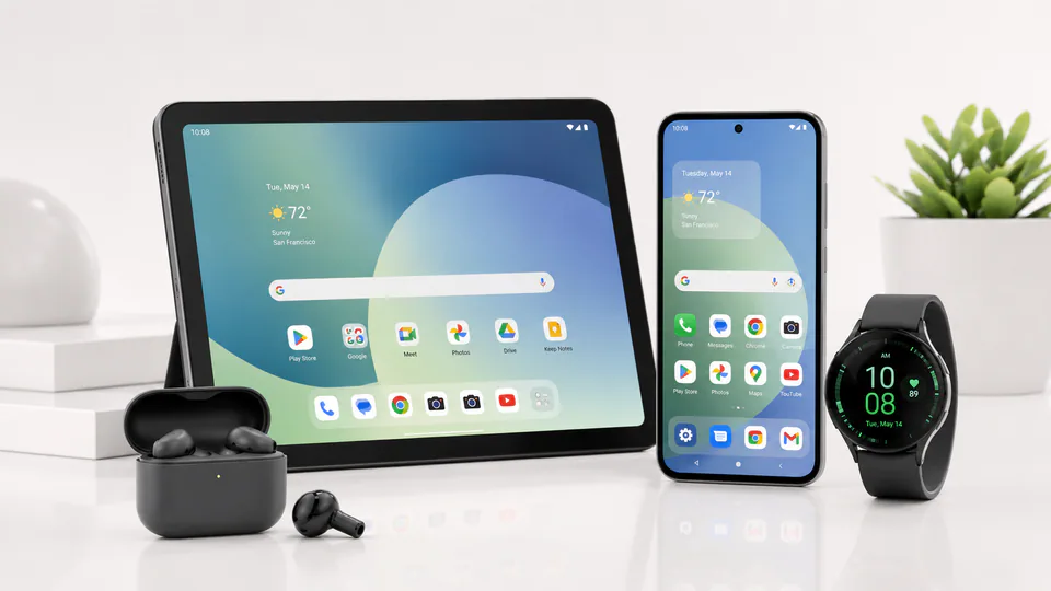 Android phones, tablets, a watch, and earbuds arranged together.